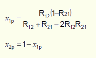 x1p = [R12·(1-R21)]/(R12+R21-2·R12·R21); x2p = 1-x1p