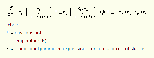 GEm/(R·T) = xB·ln[QBA·xB/(xB+SBA·xA)]+RBA·xA·ln[(SBA·xA/(xB+SBA·xA)]-xB·ln(xB)-xA·ln(xA), where: R = gas constant; T = temperature (K); SBA = new parameter, expressing concentration of substances.