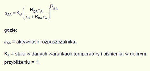 aAA = KA[(RBA·xA/(xB+RBA·xA)]^RBA, gdzie: aAA = aktywność rozpuszczalnika; KA = stała w danych warunkach temperatury i ciśnienia, w dobrym przybliżeniu = 1