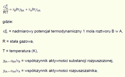 GEm/(R·T) = xB·ln(gBA)+xA·ln(gAA), gdzie: GEm = nadmiarowy potencjał termodynamiczny 1 mola roztworu B w A; R = stała gazowa; T = temperatura (K); gBA = aBA/xB = współczynnik aktywności substancji rozpuszczonej; gAA = aAA/xA = współczynnik aktywnosci rozpuszczalnika